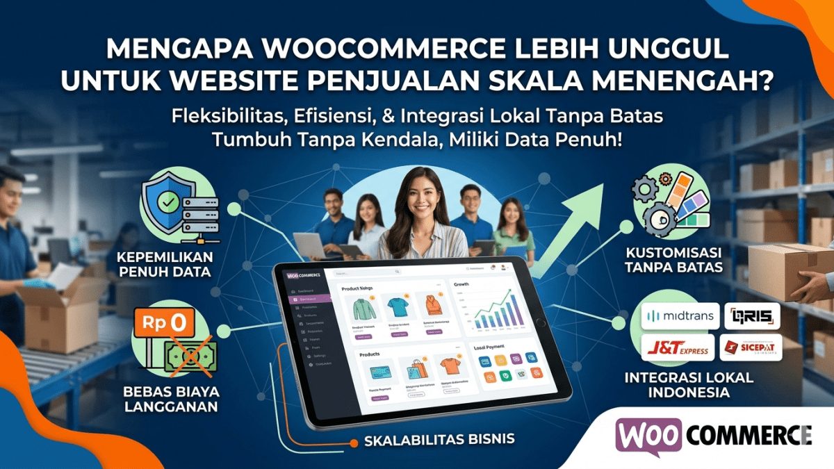 Infografis keunggulan WooCommerce untuk bisnis skala menengah dengan fitur kepemilikan data penuh, bebas biaya langganan, kustomisasi, dan integrasi lokal Indonesia.