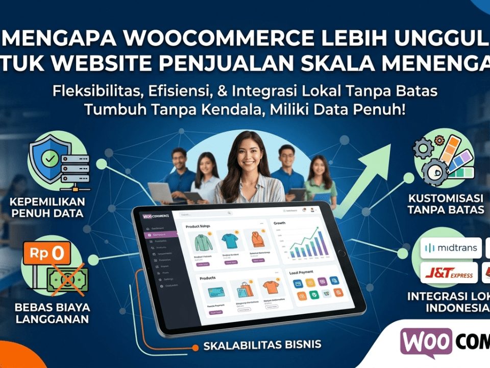 Infografis keunggulan WooCommerce untuk bisnis skala menengah dengan fitur kepemilikan data penuh, bebas biaya langganan, kustomisasi, dan integrasi lokal Indonesia.