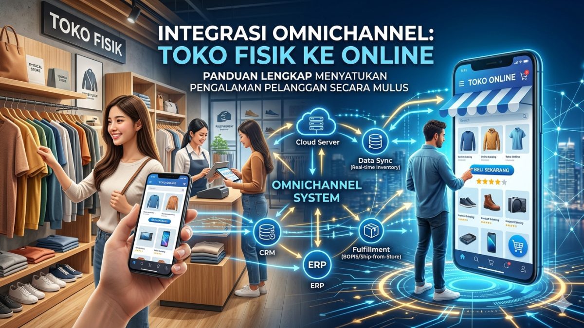 Ilustrasi sistem integrasi omnichannel yang menghubungkan toko fisik dan toko online dengan sinkronisasi data ERP, CRM, dan inventaris real-time.