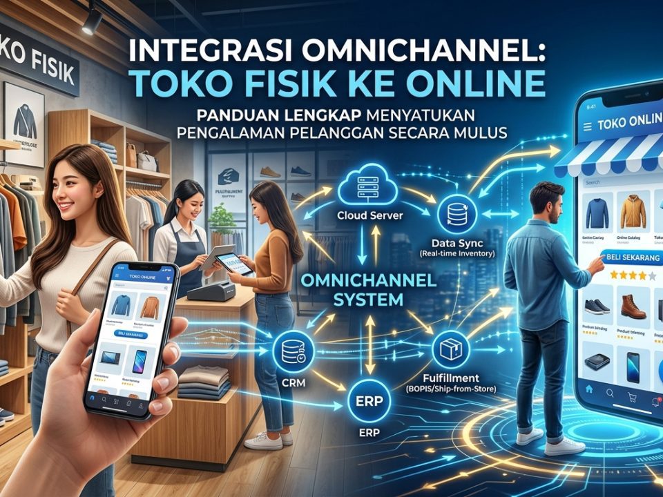 Ilustrasi sistem integrasi omnichannel yang menghubungkan toko fisik dan toko online dengan sinkronisasi data ERP, CRM, dan inventaris real-time.